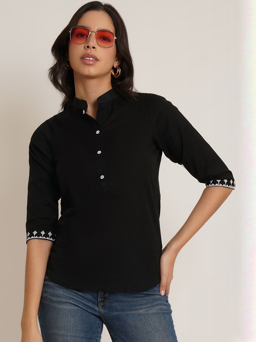 Diktmark Women Black Mandarin Collar Cotton Shirt Style Top