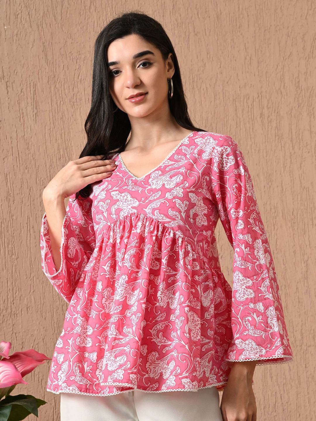 Anouk Rustic Women Ethnic Motifs Printed Gathered Flared Sleeve Cotton Peplum Top