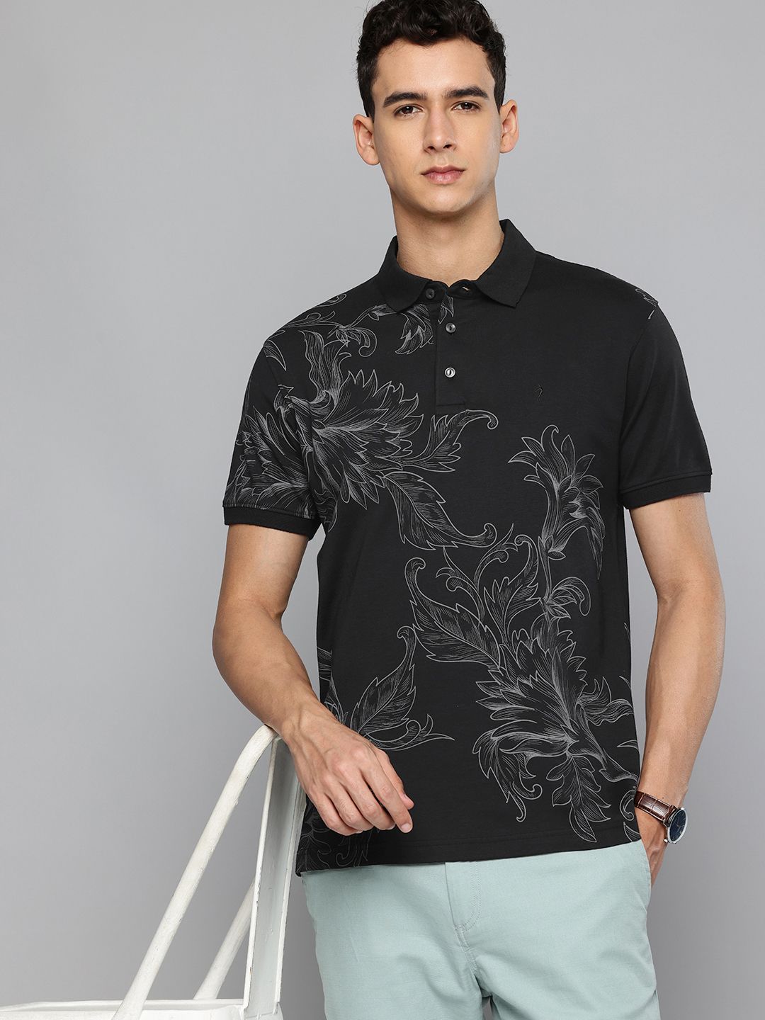 Indian Terrain Floral Printed Polo Collar Pure Cotton T-shirt
