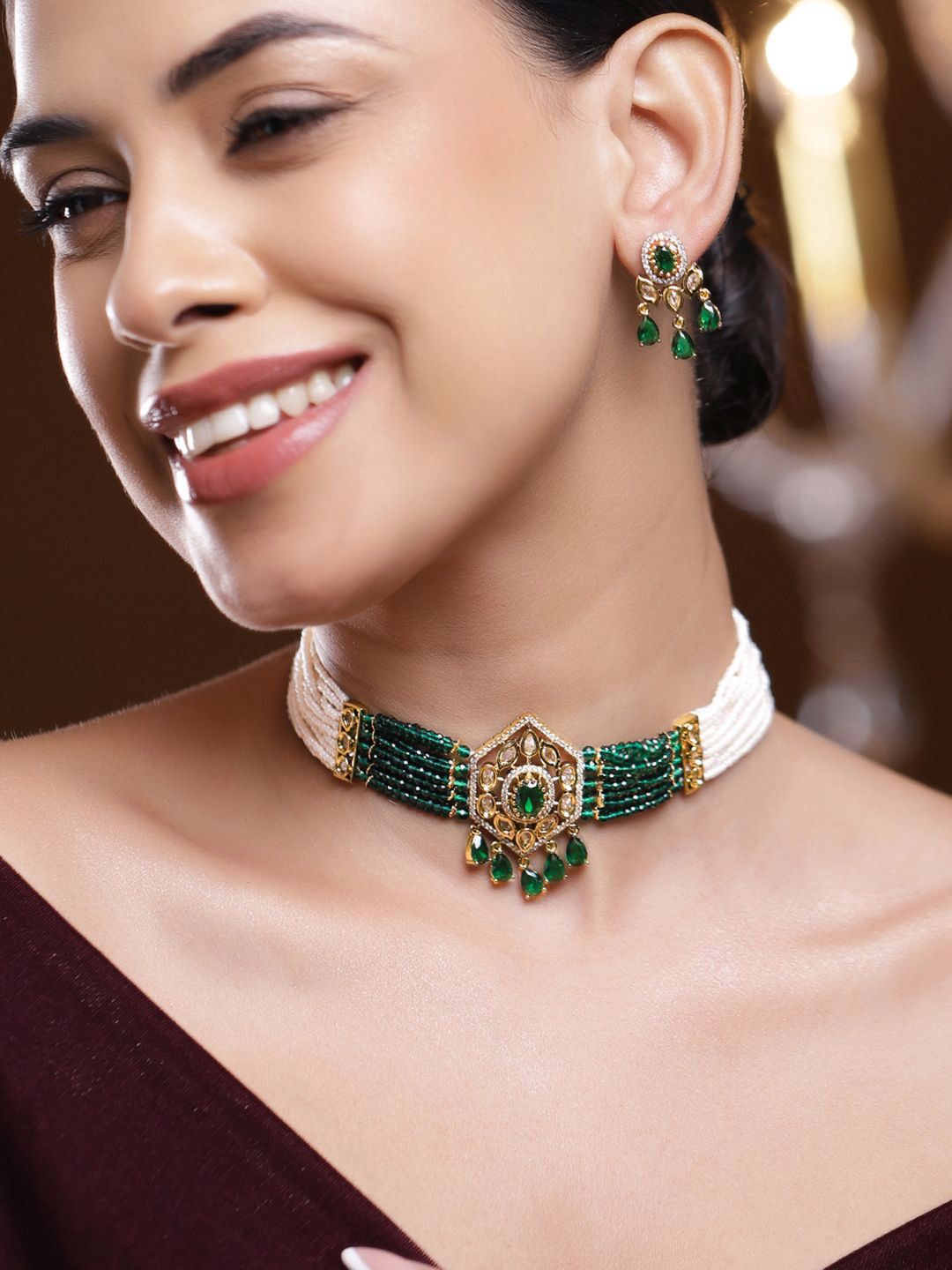 Rubans 22K Gold-Plated Handcrafted Off-White Beaded Emerald Green CubicZirconia Choker Set