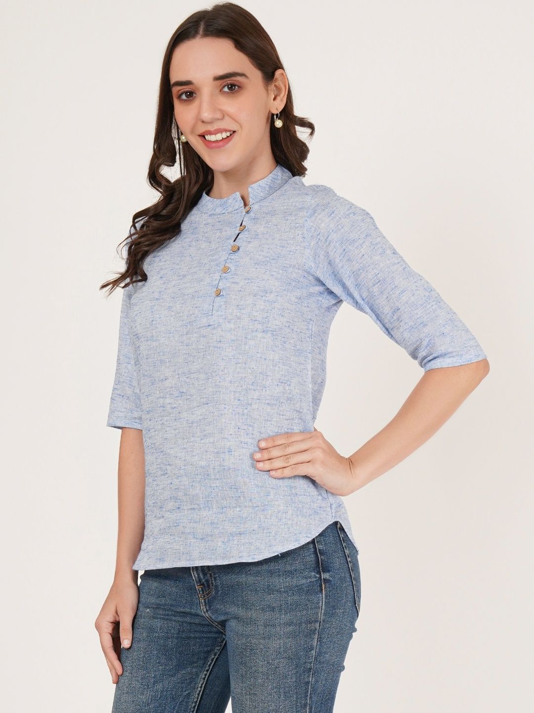 Diktmark Women Blue Cotton Mandarin Collar Shirt Style Top