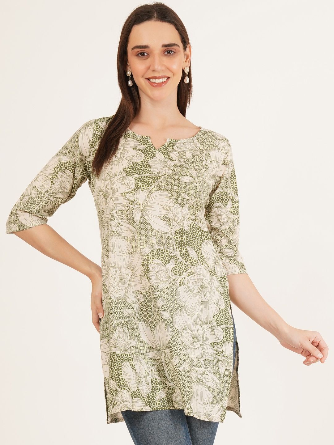 Diktmark Women Green Floral Printed V-Neck Pure Cotton Jaipuri Print Short Kurti Top