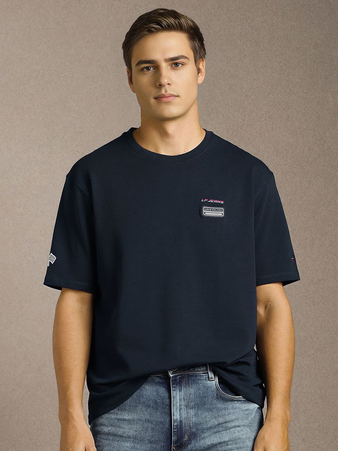 Louis Philippe Jeans Men Solid Round Neck Pure Cotton Relaxed Fit T-shirt