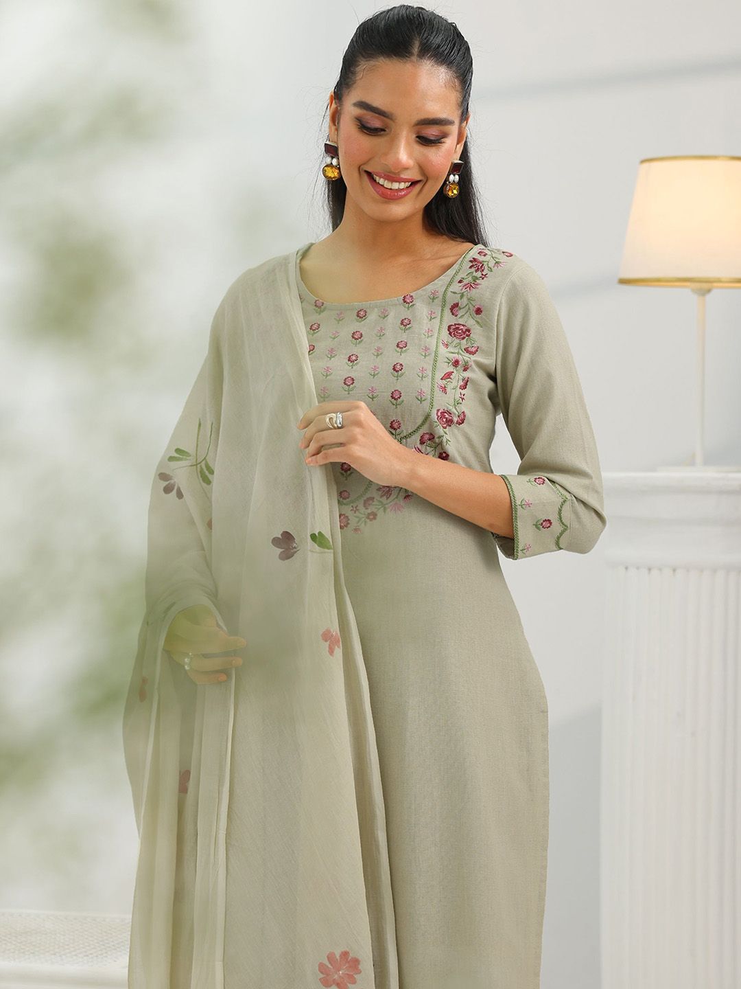 Libas Floral Printed Round Neck Straight Thread Work Kurta With Trousers & Dupatta