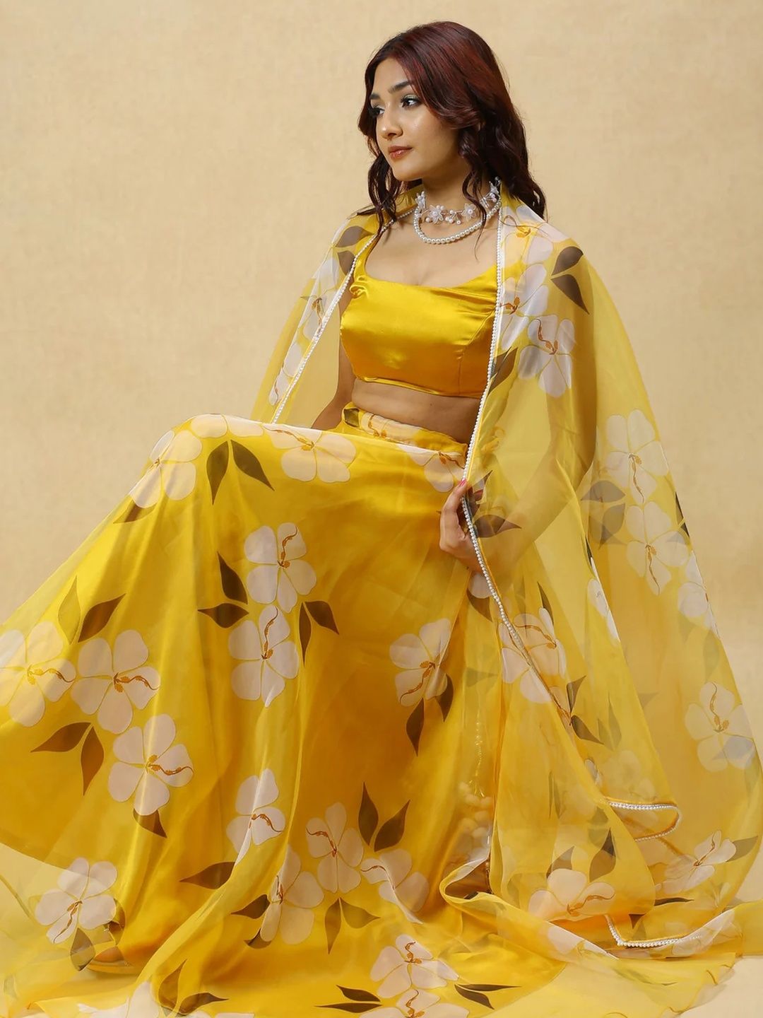 Printed Organza Semi Stitched Lehenga & Ready to Wear Blouse With Dupatta