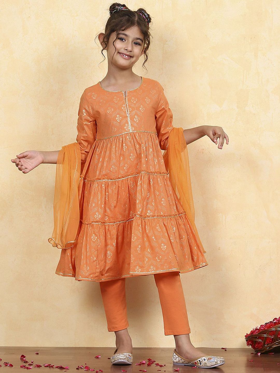 Biba Girls Ethnic Motifs Printed Regular Pure Cotton Kurta with Churidar & Dupatta