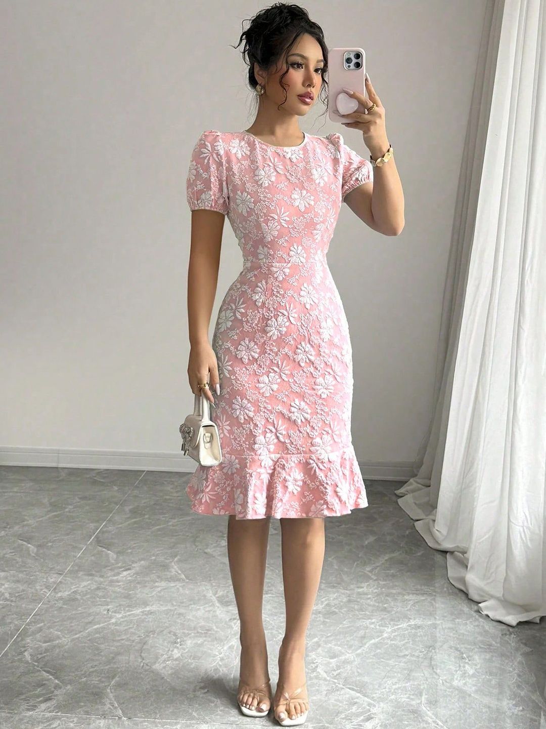 Outzidr Women Puff Sleeve Floral Knee Length Dress