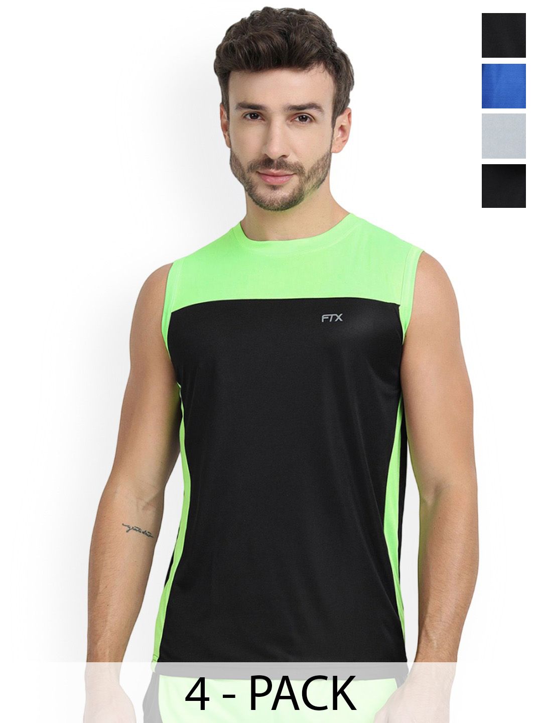 FTX Drifit Men Pack Of 4 Round Neck Colourblocked Sleeveless Sport Vests