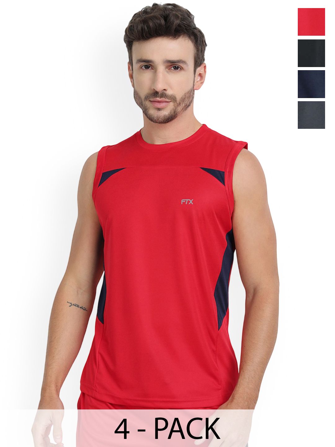FTX Drifit Men Pack Of 4 Round Neck Colourblocked Sleeveless Sport Vests