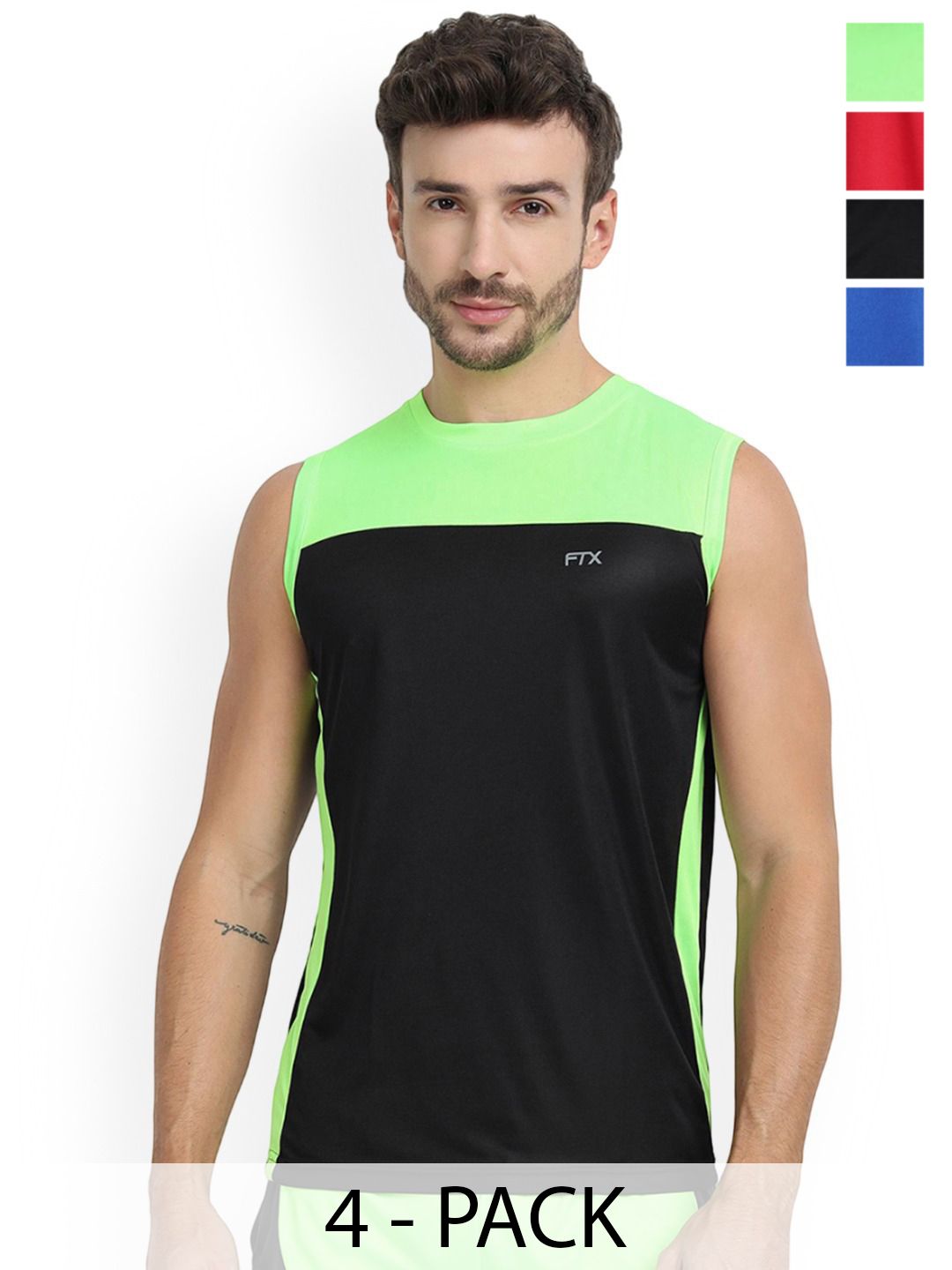 FTX Drifit Men Pack Of 4 Round Neck Colourblocked Sleeveless Sport Vests