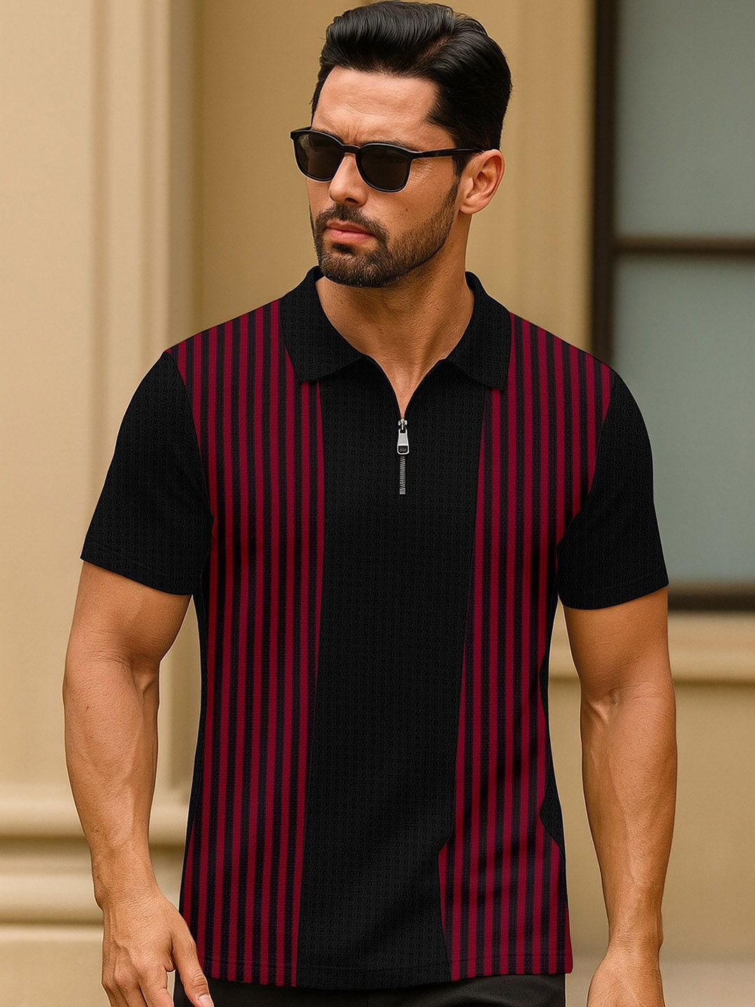 KAJARU Striped Polo Collar Regular Sleeves Regular Fit T-shirt