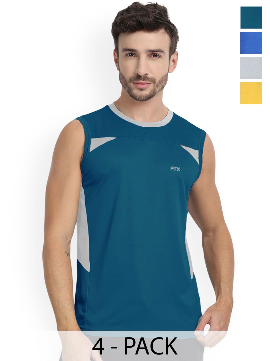FTX Drifit Men Pack Of 4 Round Neck Colourblocked Sleeveless Sport Vests