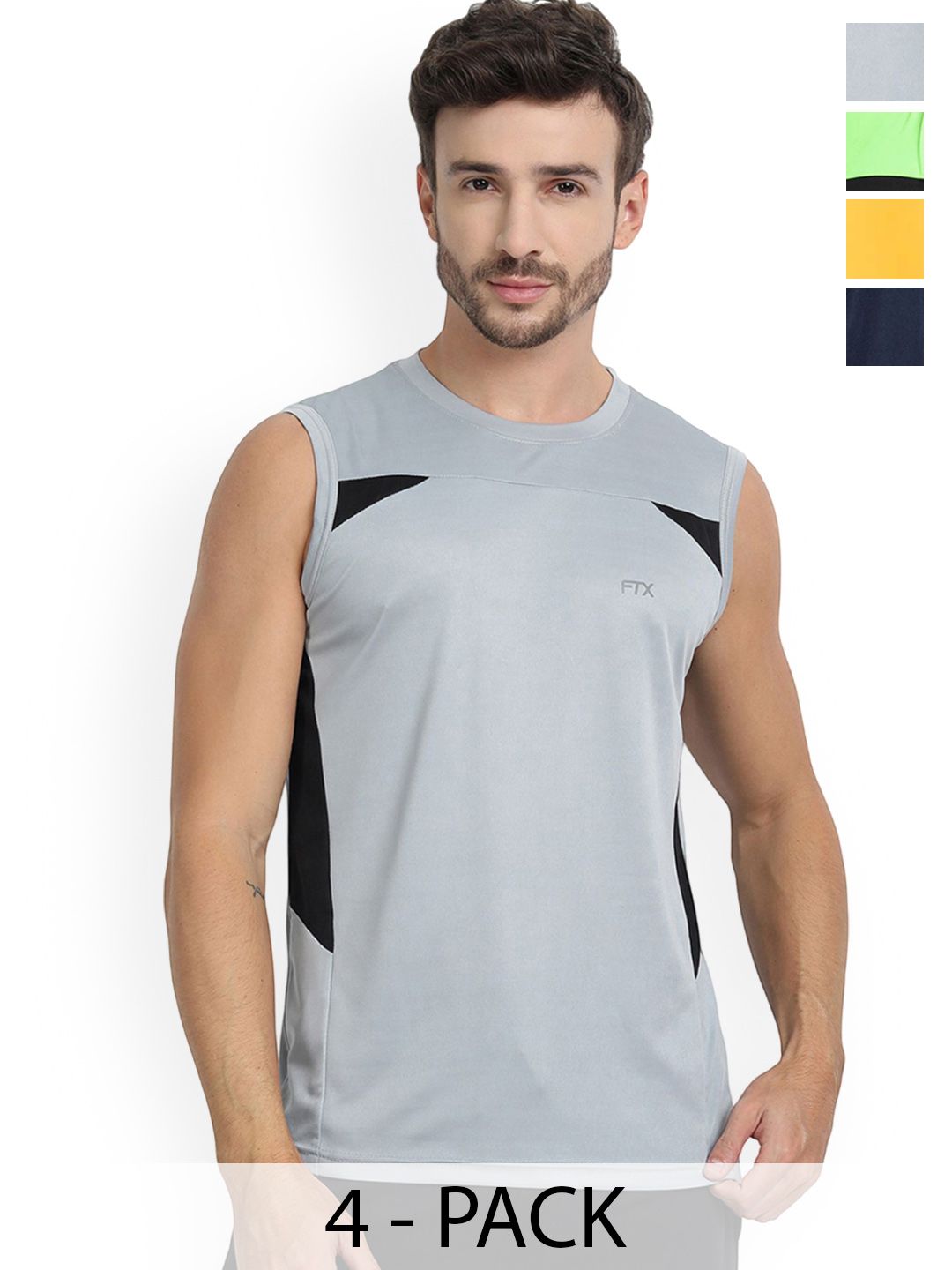 FTX Drifit Men Pack Of 4 Round Neck Colourblocked Sleeveless Sport Vests