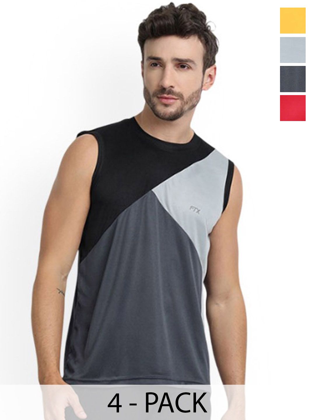 FTX Drifit Men Pack Of 4 Round Neck Colourblocked Sleeveless Sport Vests