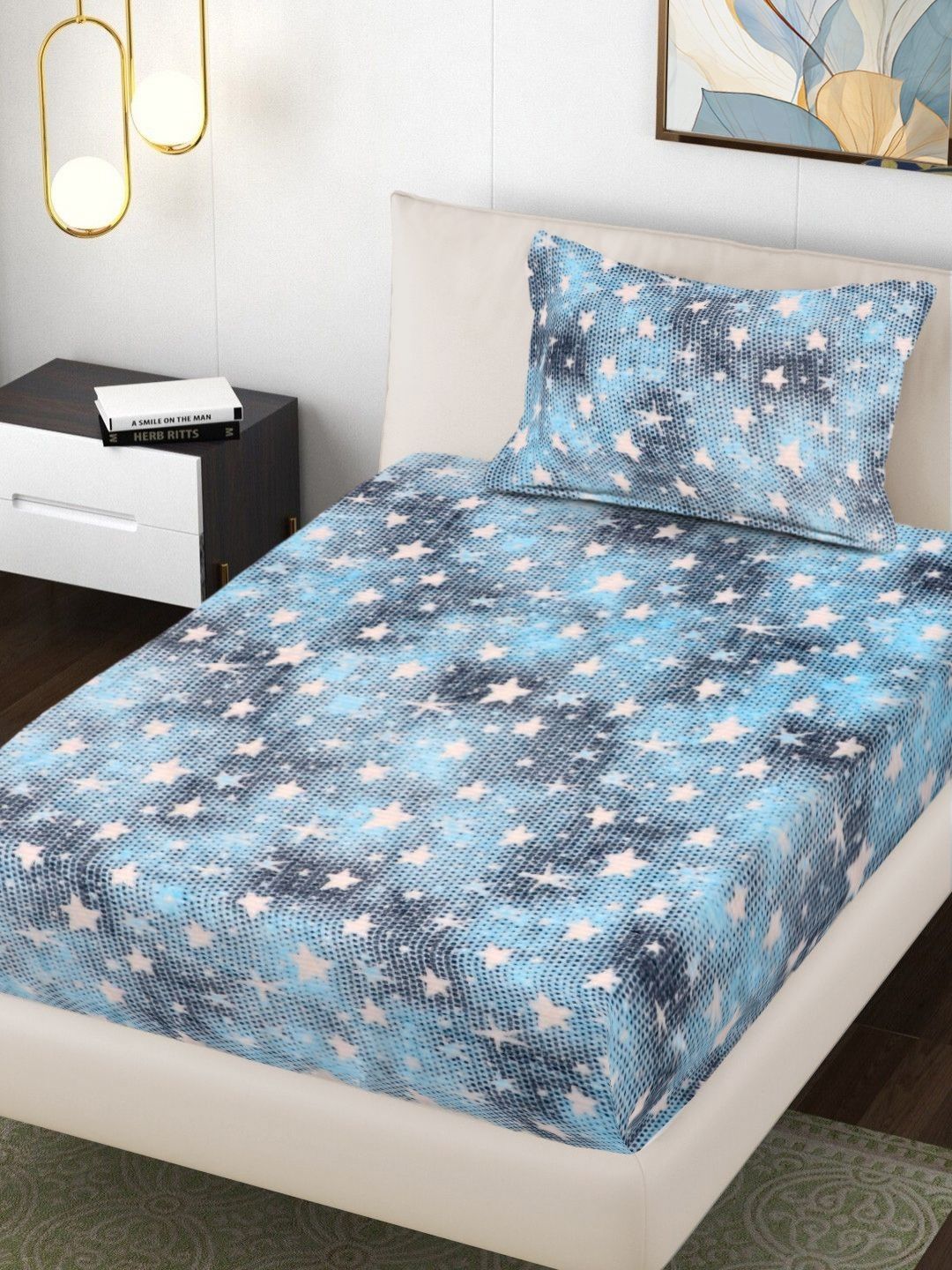 Myntra Elegant Homes Blue & Black Printed 300TC Woolen Single Bedsheet Set 2.20 m x 1.50 m