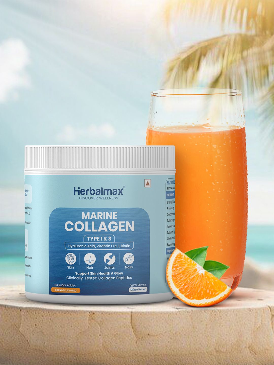 Herbal max Marine Collagen Powder with Hyaluronic Acid & Vitamin E 120g - Orange Flavor