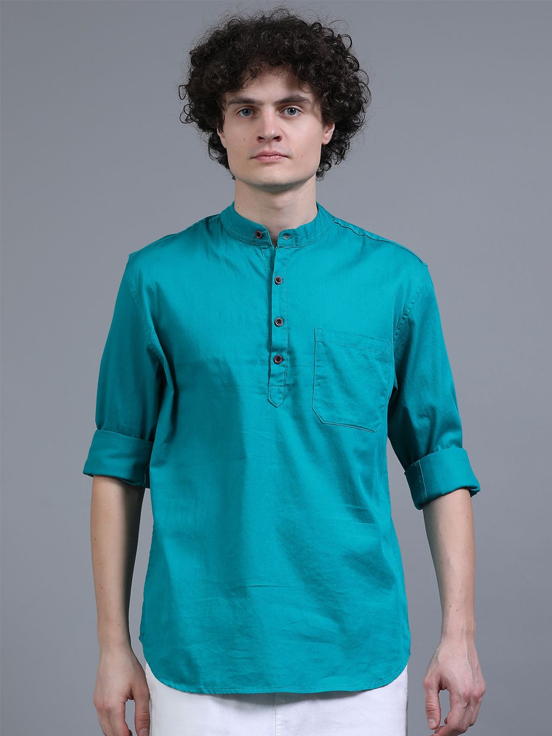 Proword Men Solid Mandarin Collar Pure Cotton Short Kurta