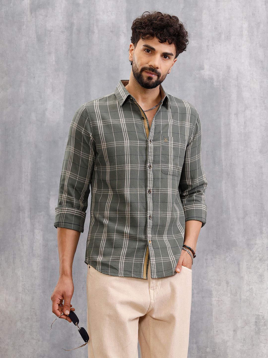 WROGN Slim Fit Spread Collar Other Checks Checked Pure Cotton Opaque Shirt