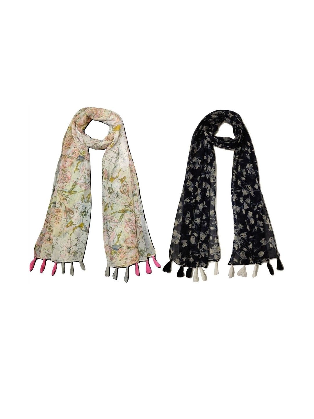 StoleVilla Pack Of 2 Floral Printed Tasseled Border Stoles