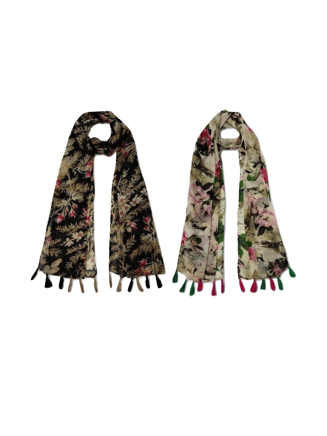 StoleVilla Pack Of 2 Floral Printed Tasseled Border Stoles