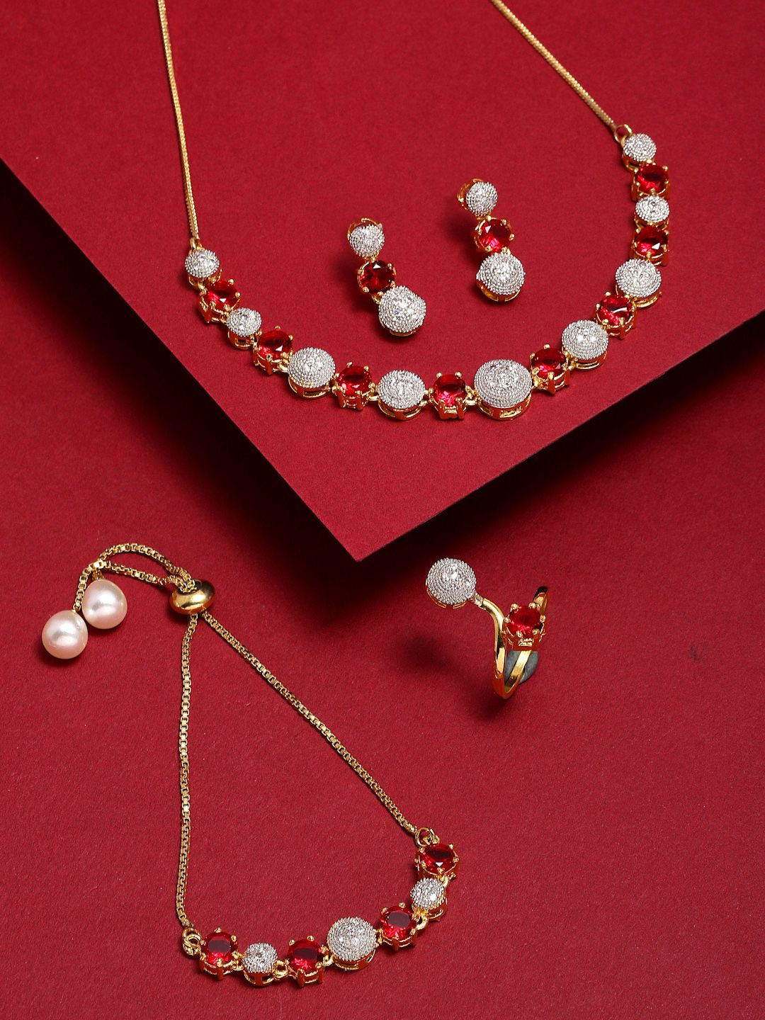 Buy ZENEME Gold Plated Red & White American Diamond Studded Jewellery Set -  - Accessories for Women