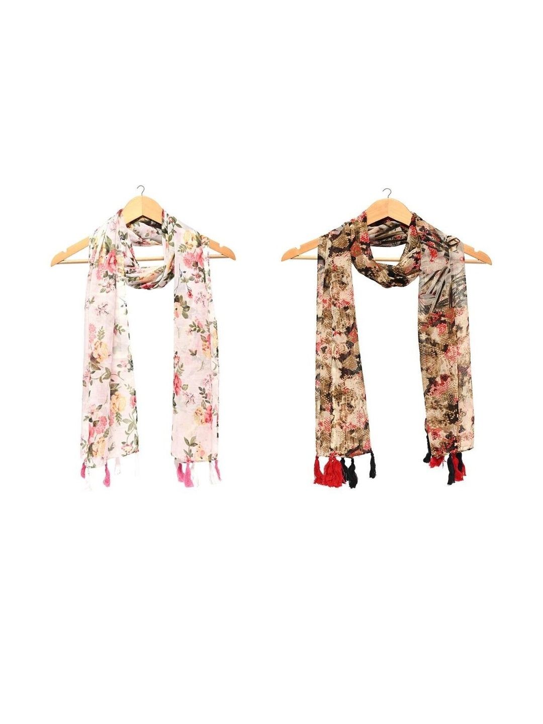StoleVilla Pack Of 2 Floral Printed Tasseled Border Stoles