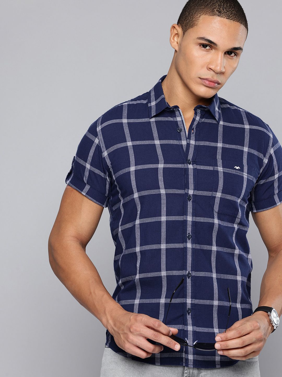 Mufti Pure Cotton Tartan Checks Roll-Up Sleeves Slim Fit Casual Shirt