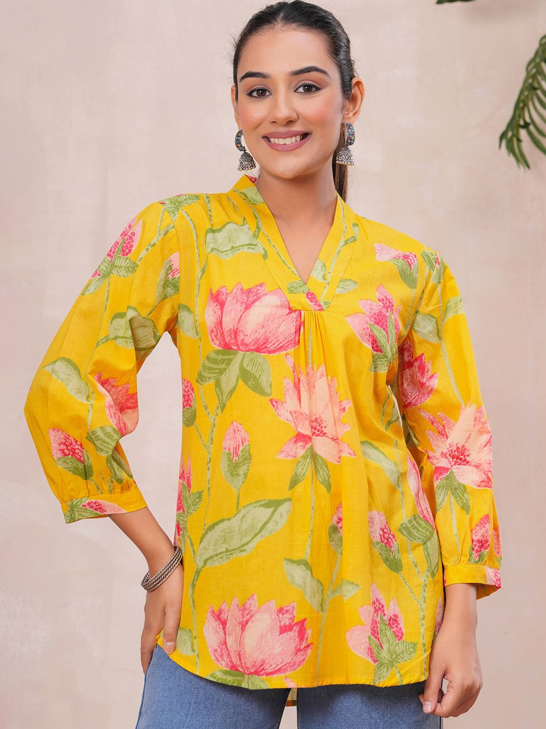 Ka-mee Women Floral Printed V-Neck Pure Cotton Kurti
