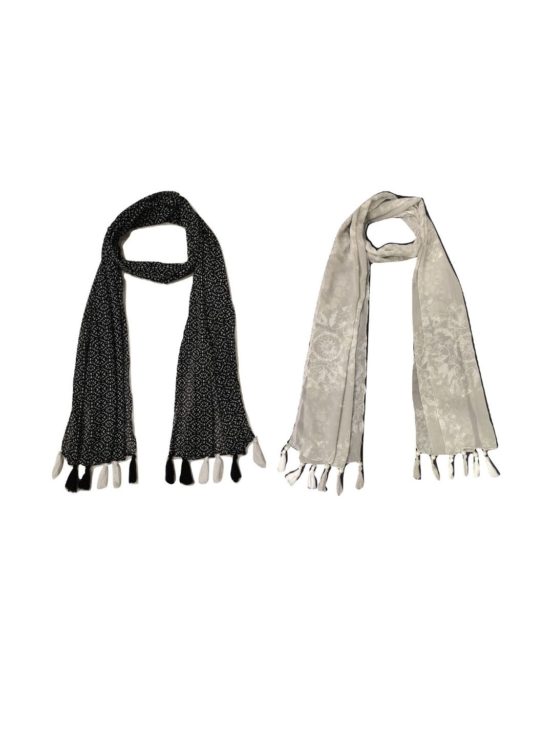 StoleVilla Pack Of 2 Floral Printed Tasseled Border Stoles