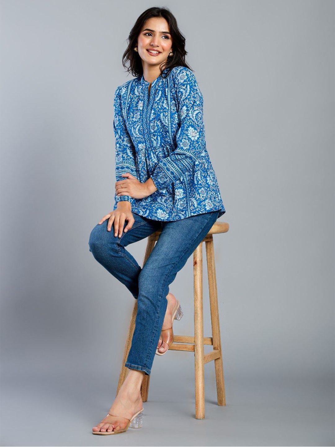 WHY SO FAB Women Ethnic Motifs Print Mandarin Collar Cotton Longline Top