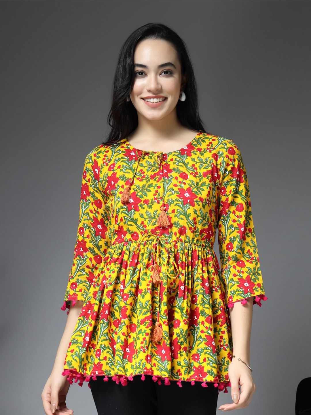 RANGEELO JAIPUR Women Floral Print Tie-Up Neck Peplum Top