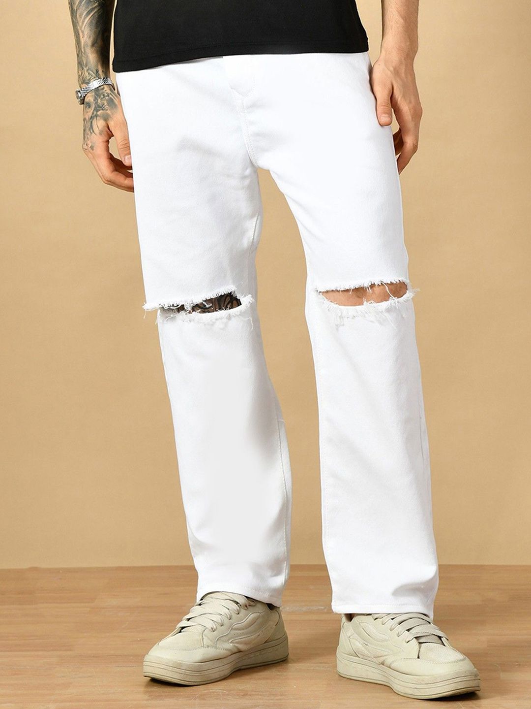 MaverIQ Men Classic Mid-Rise Baggy Slash Knee Stretchable Jeans