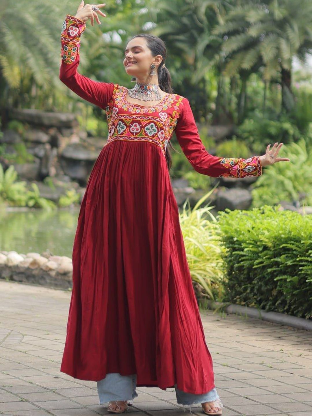 KALINI Women Maroon Embroidered Round Neck Georgette Anarkali Kurta