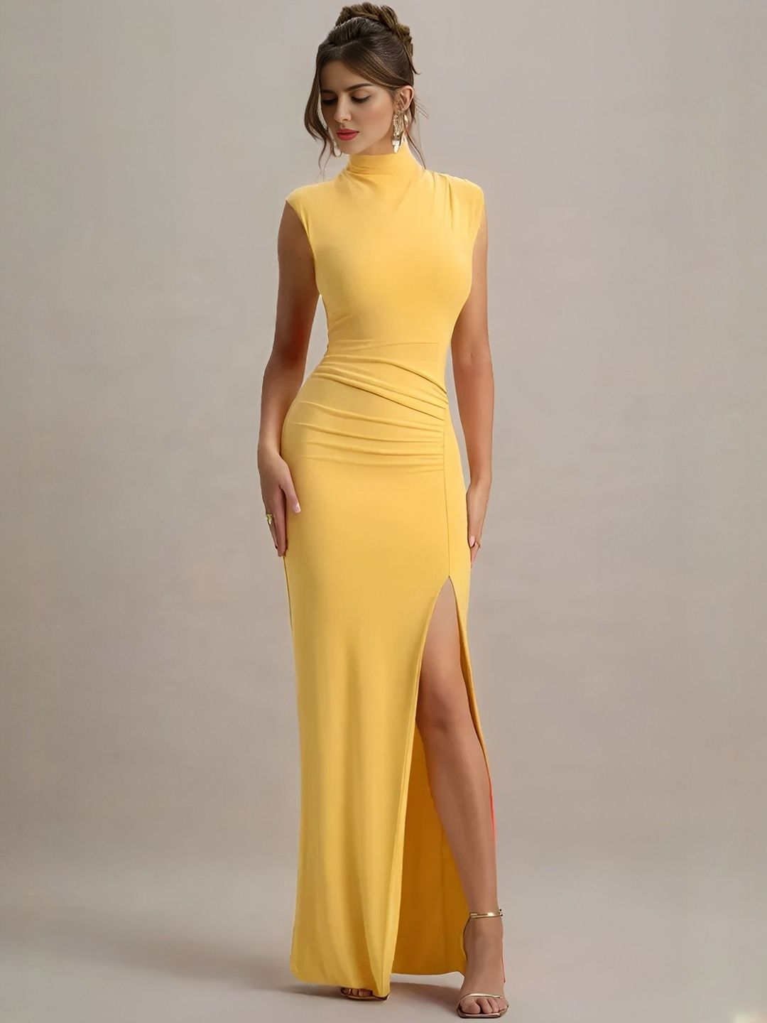 WANQUILA Turtle Neck Sleeveless Gathered Bodycon Maxi Dress