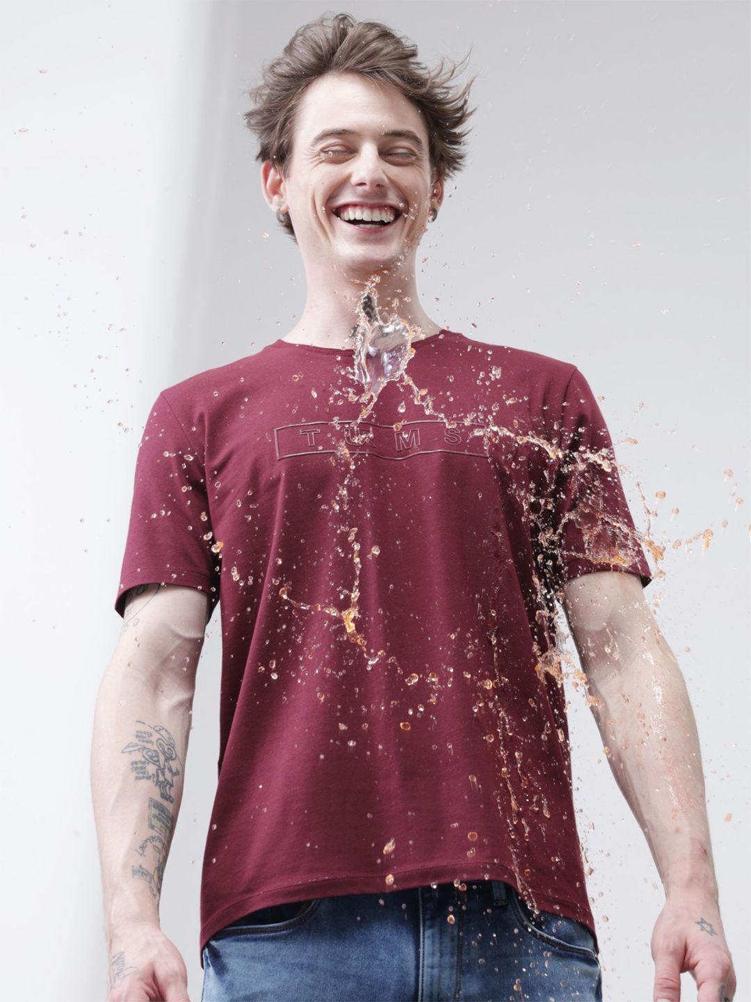 TURMS Men Solid Crew Neck Half Sleeves Stain And Water Repellent Cotton Tshirt