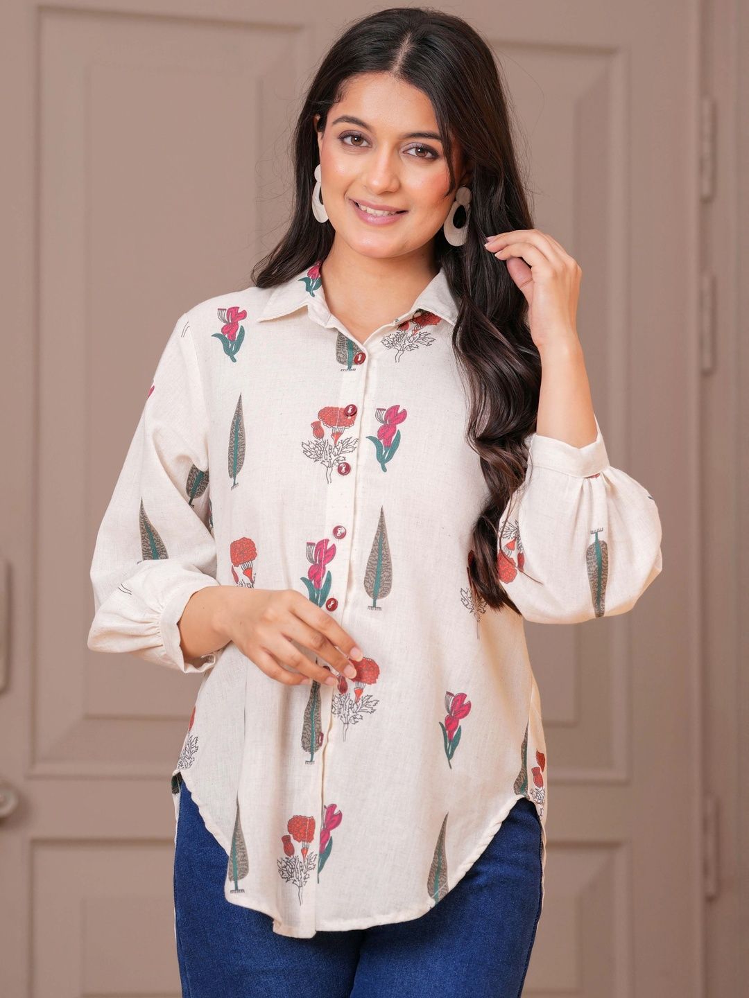 KALINI Women Cream Printed Khadi  Casual Shirts
