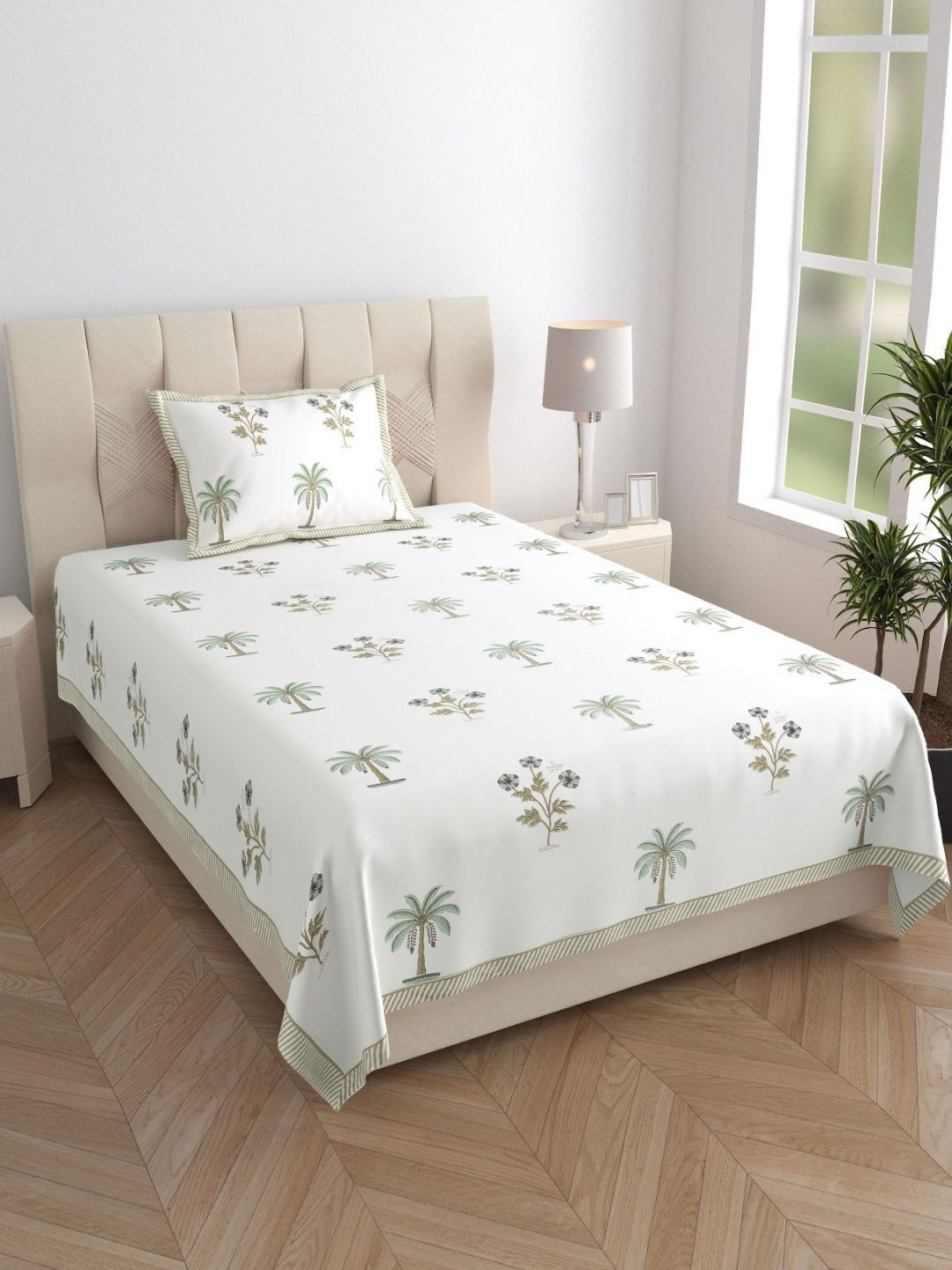 Texstylers White Floral Printed 210 TC Pure Cotton Single Bedsheet Set- 1.52 m X 2.29 m