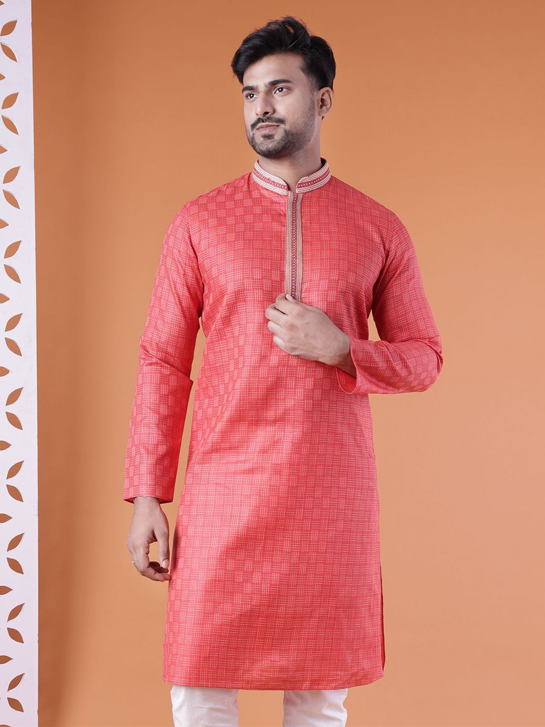 AURIK Mandarin Collar Thread Work Straight Kurta