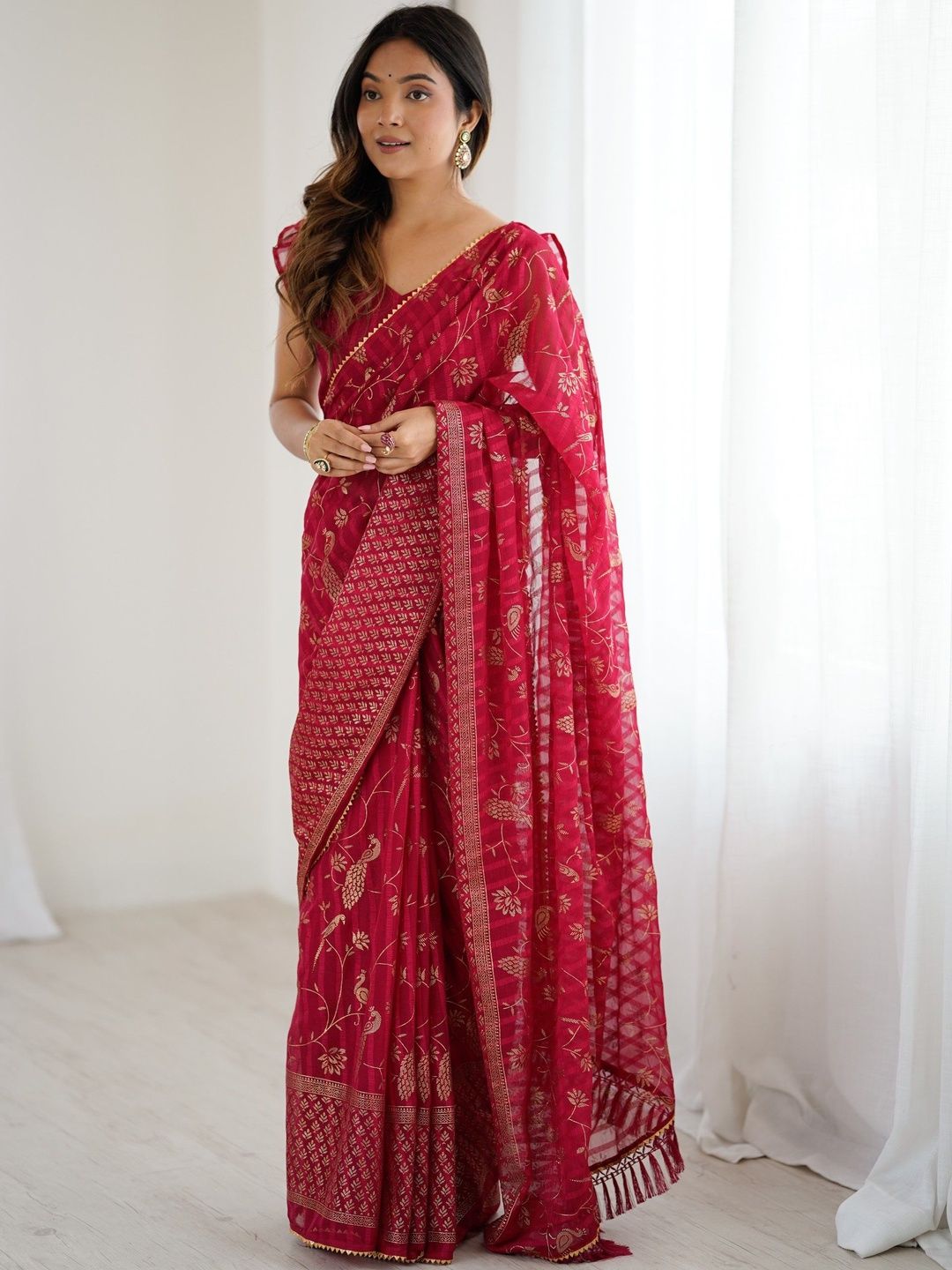 KALINI Red Printed Poly Georgette  Sarees