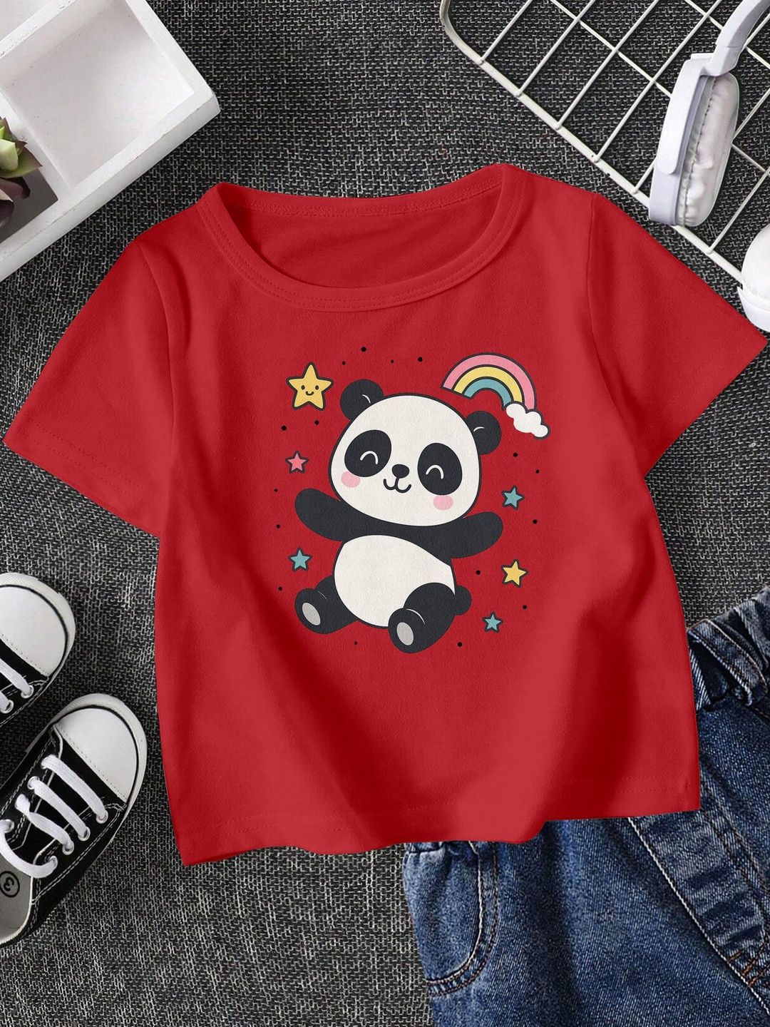 FIONAA TRENDZ Kids Red Panda Rainbow Printed Cotton T-shirt