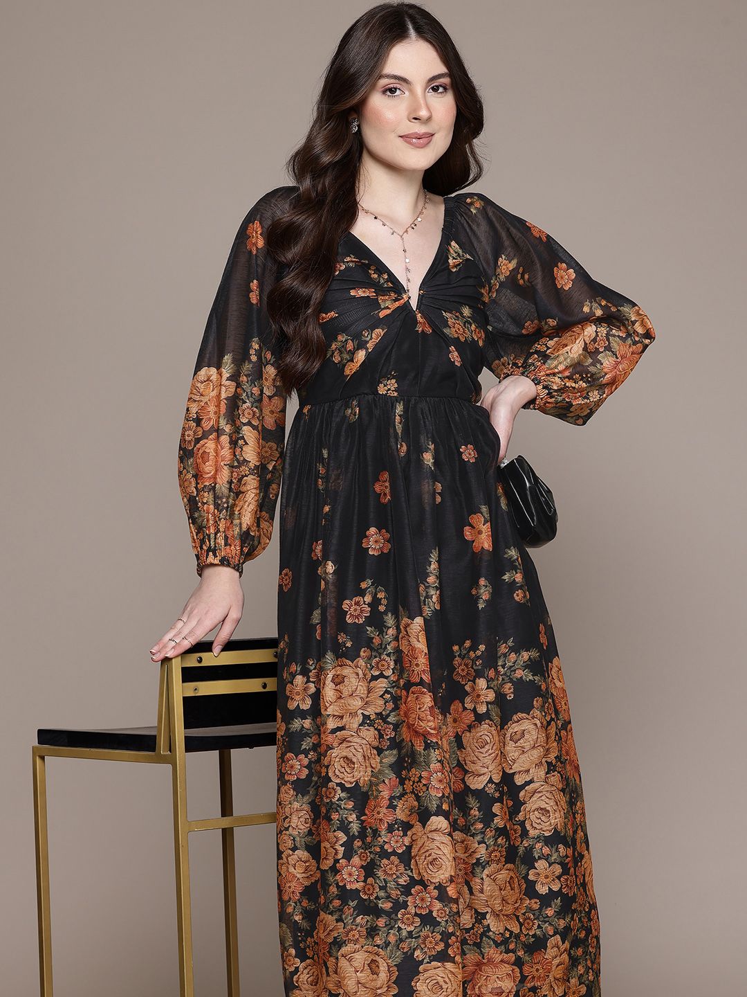 Label Ritu Kumar Floral Printed Smocked Detail V-Neck Puff Sleeve A-Line Midi Dress
