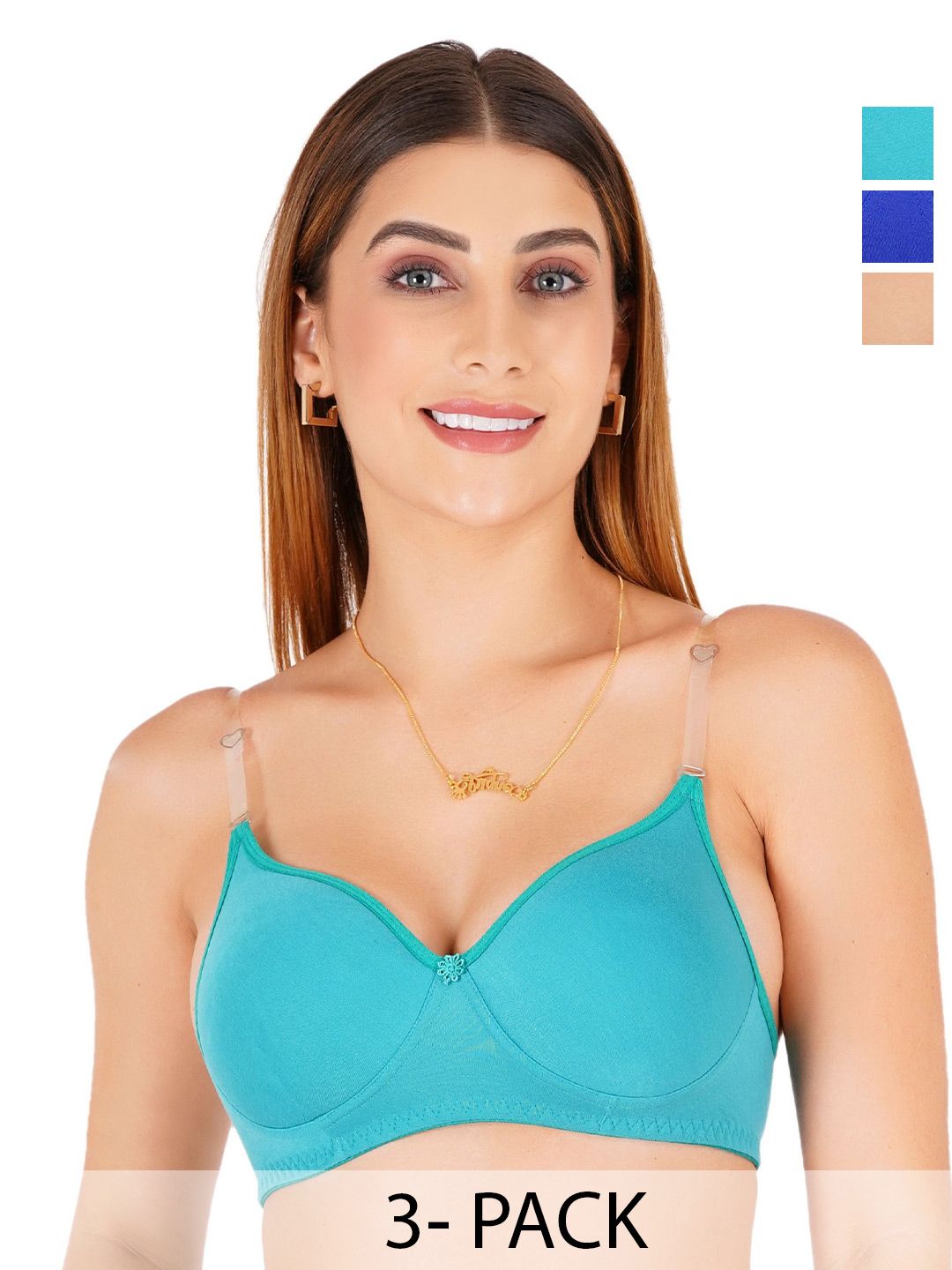 Buy Liigne Women Pack Of 3 Lightly Padded Full Coverage With Transparent Bra Color Strap Bra -  - Apparel for Women