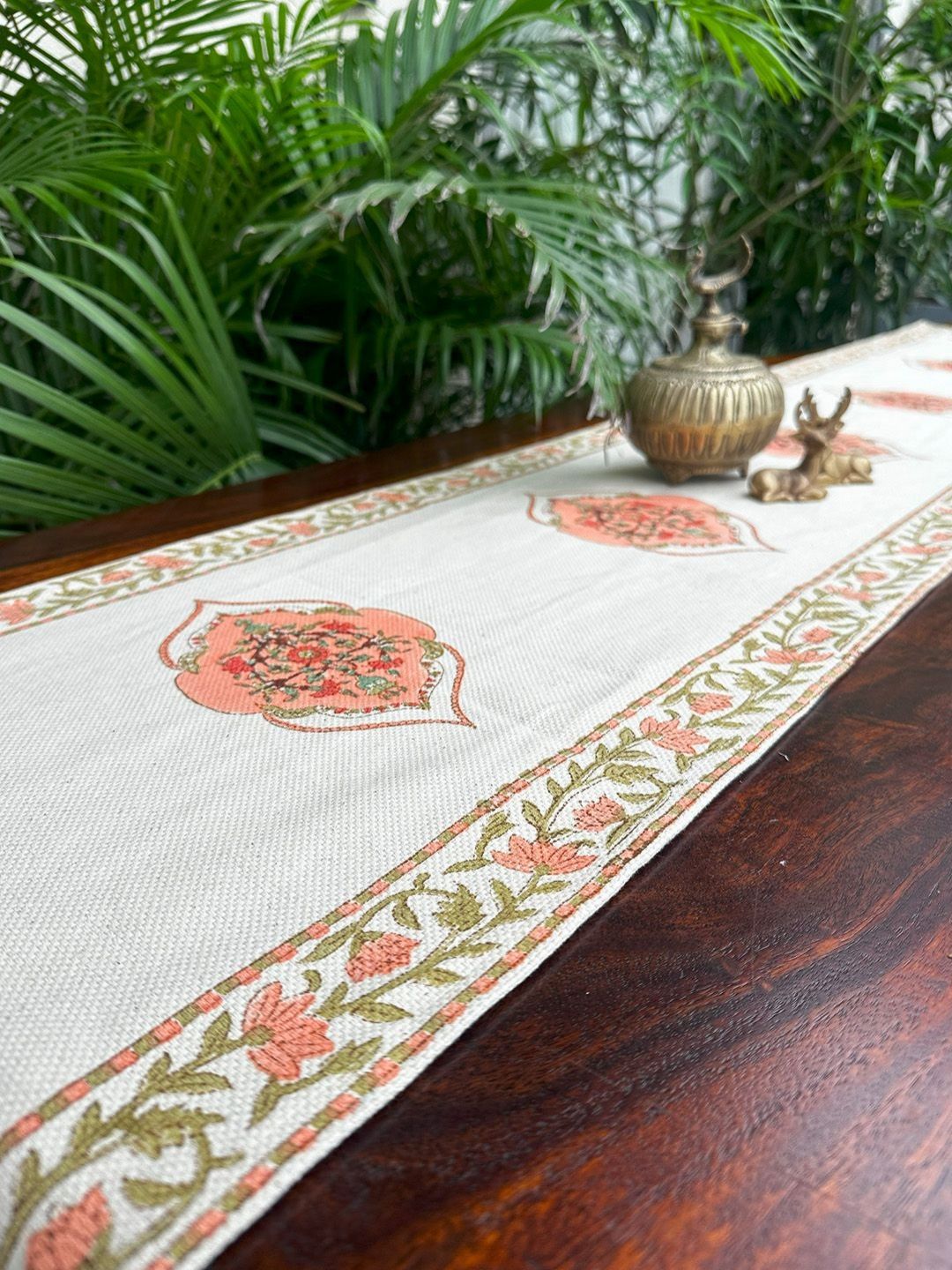Baarno Beige & Peach Floral Handblock Printed Pure Cotton Table Runners