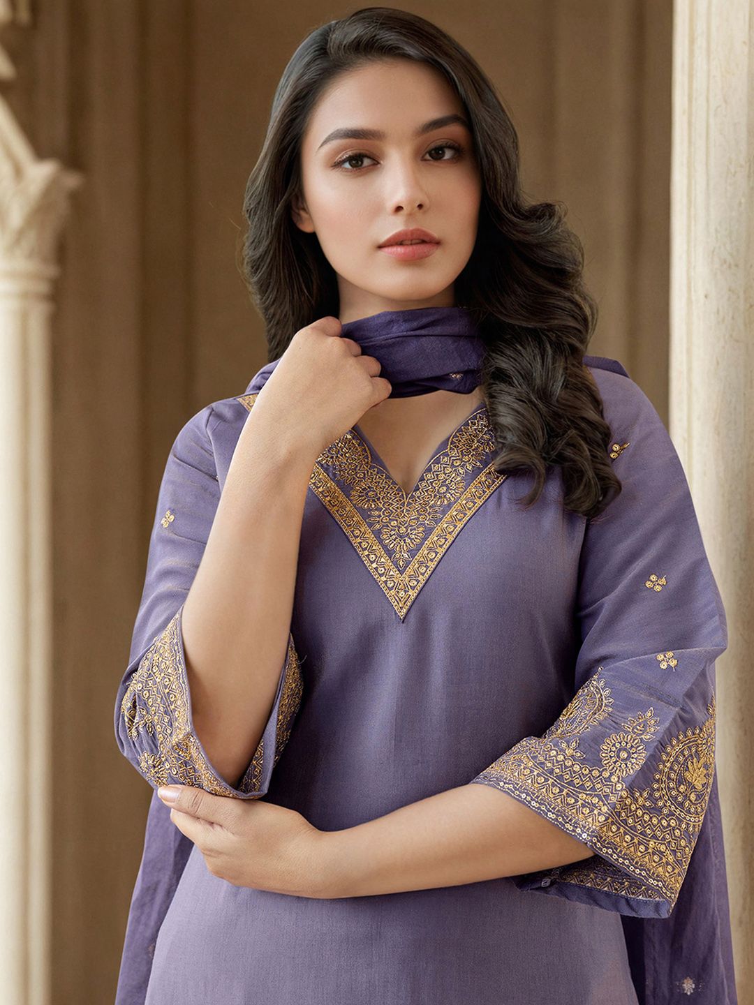 Floral Yoke Design V-Neck Sequinned Straight Kurta With Trouser And Dupatta