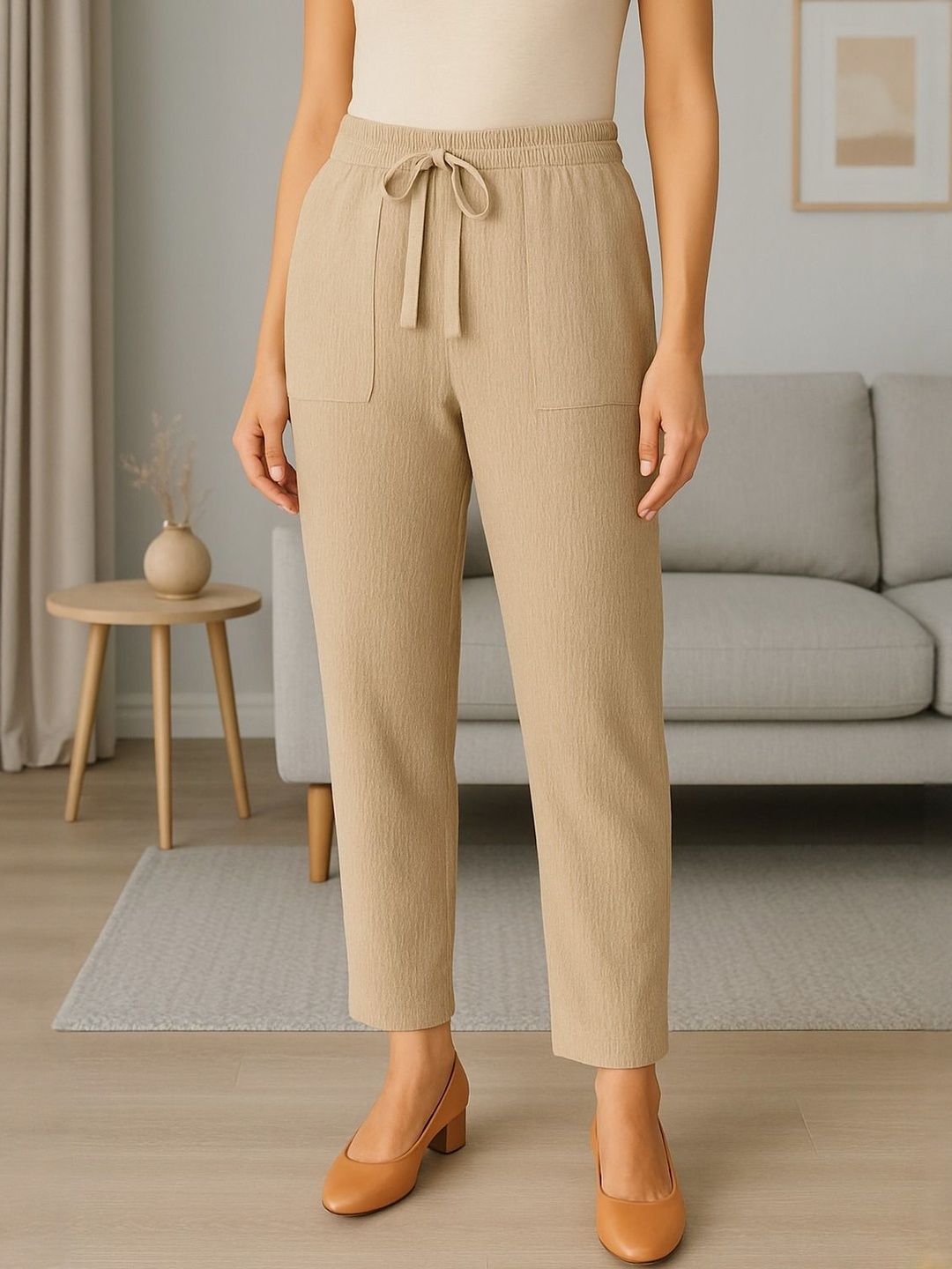 CORSICA Women Cream Loose Fit Cotton Trousers