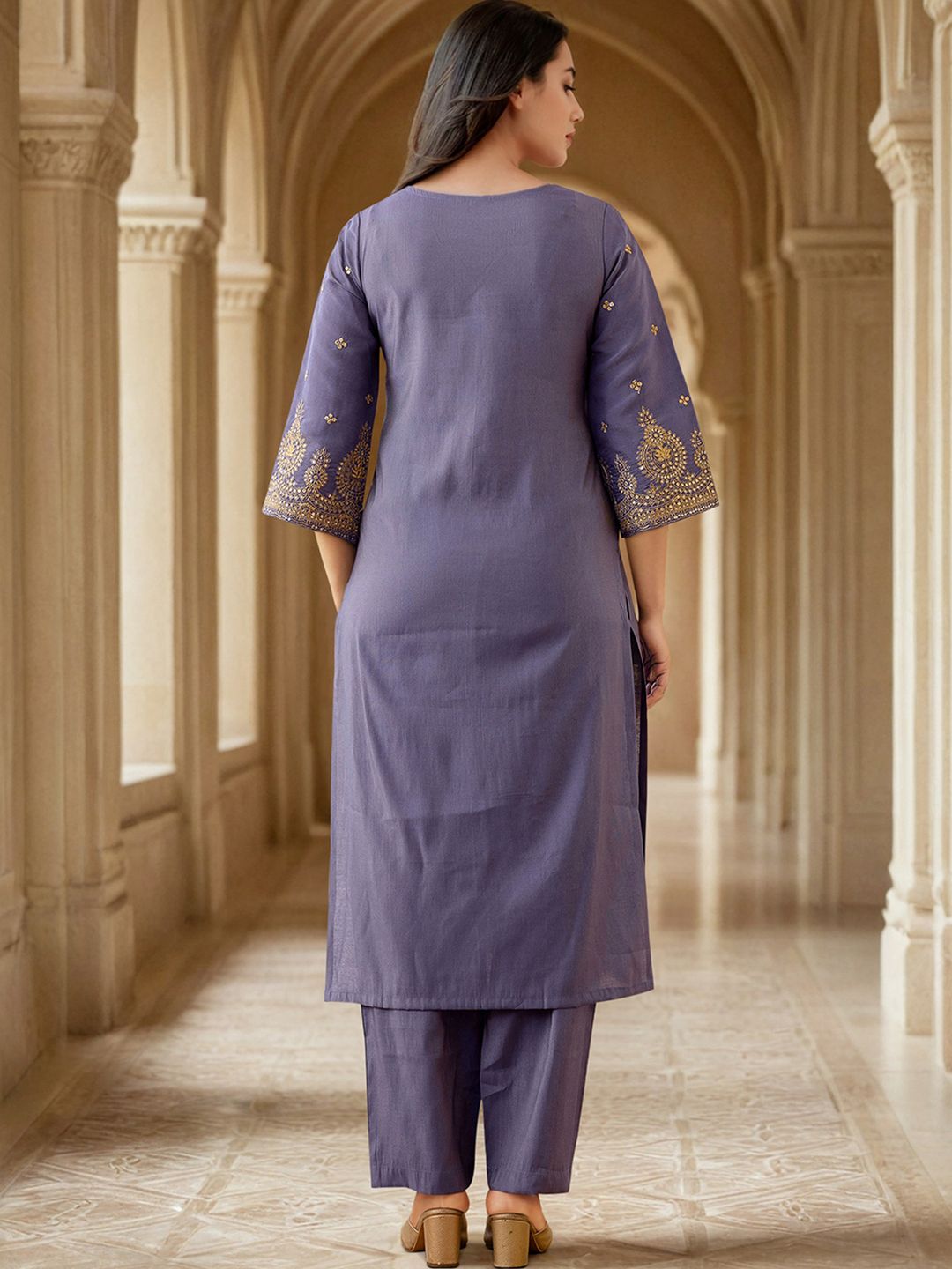 Floral Yoke Design V-Neck Sequinned Straight Kurta With Trouser And Dupatta 4