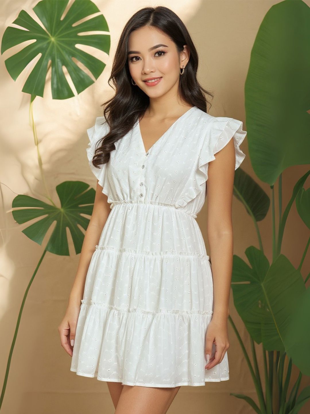 ZUMMER Women Self Design V-Neck Flutter Sleeve Pure Cotton Fit & Flare Mini Dress