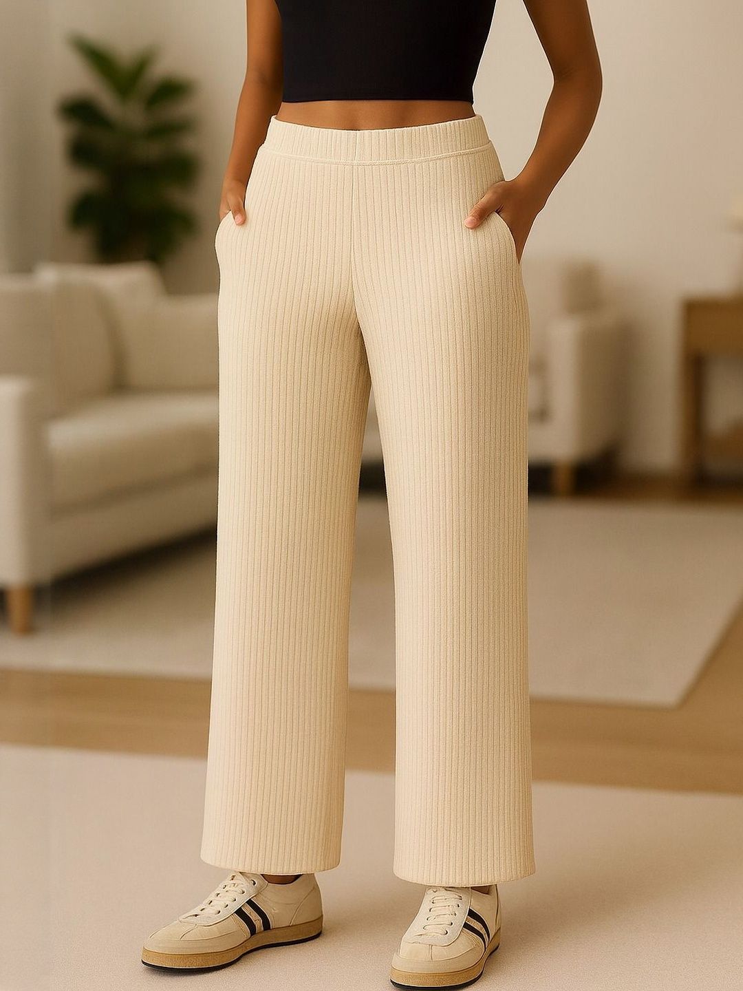 CORSICA Women Cream Regular Fit Cotton Trousers