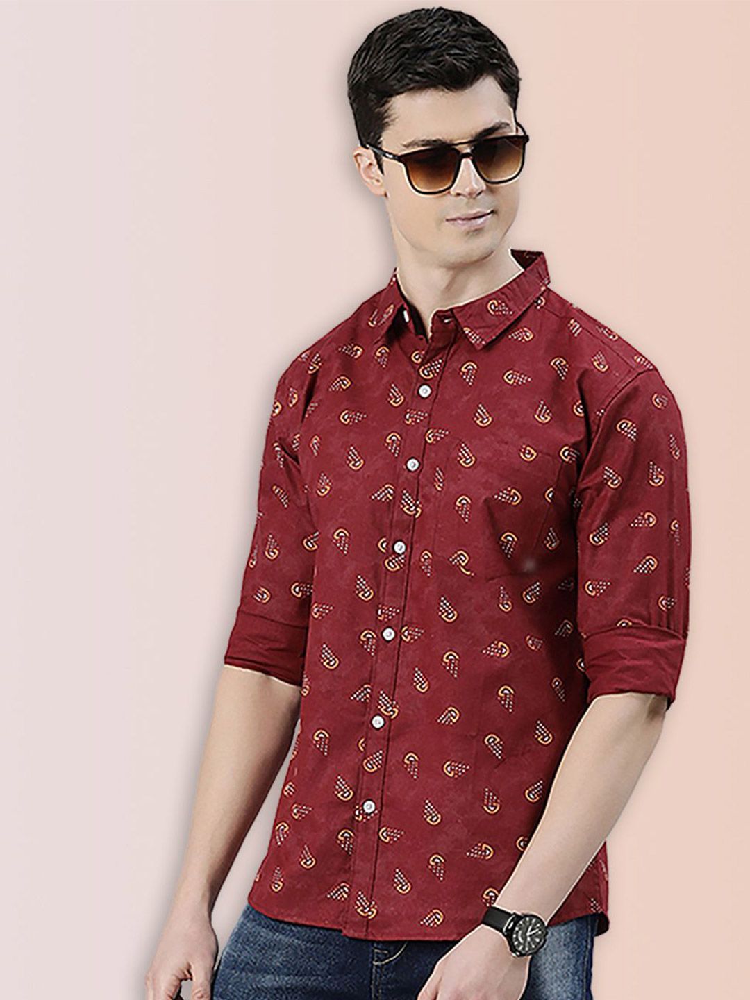 Broon Men Slim Fit Ethnic Motifs Printed Spread Collar Cotton Casual Shirt