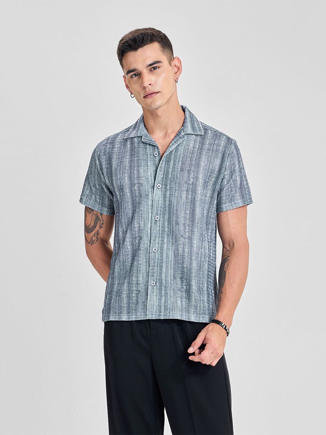 Snitch Men Textured Cuban Collar Casual Shirt